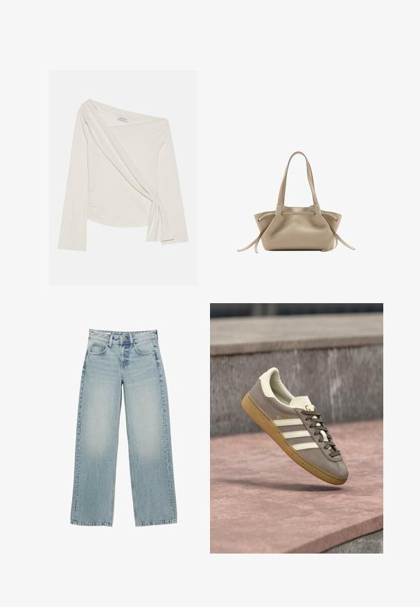 Langærmet, off-shoulder top i et blødt, cremefarvet stof. Har et tvistet frontdetalje og sidelæg for en tætsiddende silhuet.; Lysblå denim bredbukser med høj talje, der har fem lommer, knaplukning og subtile falmninger for en slidt effekt.; Lysebrun ruskinds Adidas-sneaker med hvide striber og gummisål, svævende over lyserøde stentrapper udendørs.; Beige lædertaske med dobbelte håndtag, sidelommer med snore og en blød, let slasket struktur.
