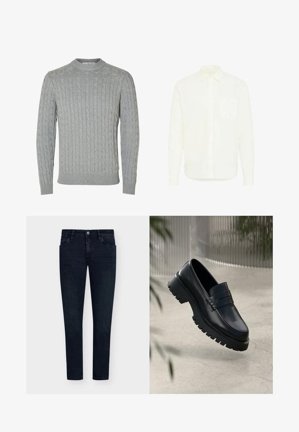 Pull en tricot gris clair avec un motif torsadé, col rond et poignets et ourlet côtelés. Confectionné en tissu doux et texturé.; Chemise à manches longues en coton écru, avec un col boutonné, une poche avant et un ourlet droit avec fermeture à bouton.; Jean en denim bleu foncé avec une coupe ajustée, design à cinq poches, fermeture à bouton et léger délavage. Pantalon à l'avant plat et jambes étroites.; Mocassins en cuir noir avec une semelle à crampons épaisse, dotés d'une sangle décorative et de détails de couture. Texture lisse avec une finition polie.