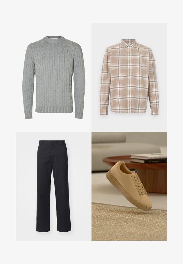 Pull en tricot gris clair avec un motif torsadé, col rond et poignets et ourlet côtelés. Confectionné en tissu doux et texturé.; Chemise à carreaux beige à boutons, manches longues, col boutonné et poche poitrine sur fond blanc.; Pantalons droits noirs en tissu en mélange de coton. Présentent une taille plate avec passants de ceinture et sans matériel ou embellissements visibles.; Baskets beiges à lacets flottant au-dessus d'un tapis texturé avec une table basse en bois et des livres empilés en arrière-plan flou.