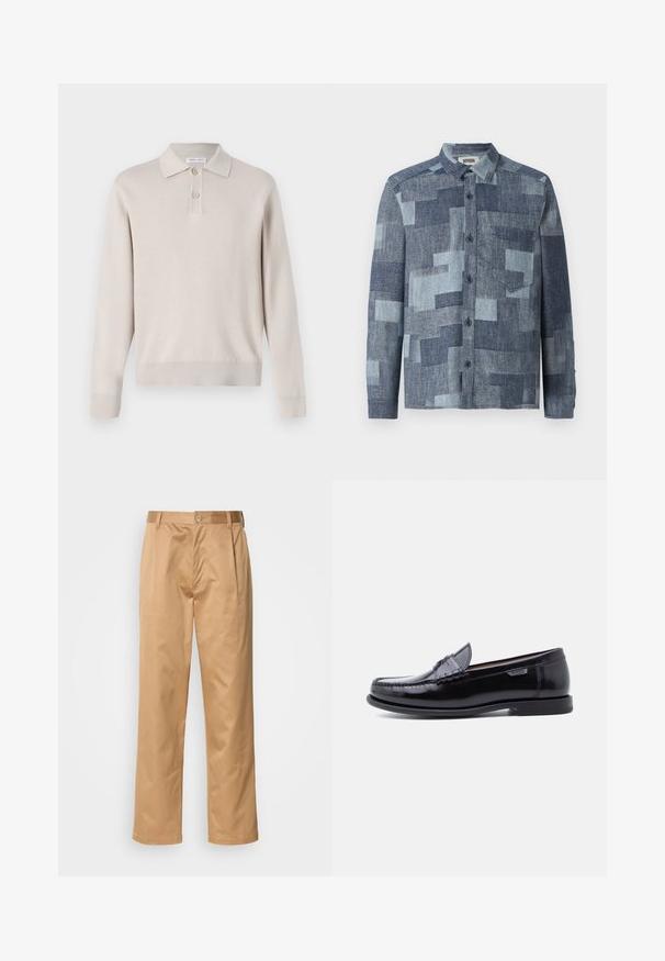 Helles beiges Langarm-Polohemd aus weichem Material. Mit Kragen, Dreiknopf-Leiste sowie gerippten Bündchen und Saum.; DRYKORN DIEGGO - Hemd - blue; Khaki-Hosen aus Baumwollmischung, im geraden Schnitt, mit Vorderfalten, Gürtelschlaufen und Knopfverschluss. Glatte Textur ohne Muster.; Schwarze Leder-Loafer mit glänzendem Finish, mit einer gesteppten Verzierung auf der Zehenpartie und einer niedrigen, strukturierten schwarzen Gummisohle.