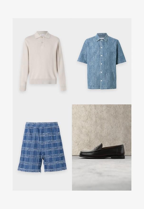 Lys beige langærmet polo skjorte lavet af blødt materiale. Har krave, tre-knaps lukning og ribbede manchetter og kant.; Kortærmet skjorte med knapper i blåt denimmateriale med en struktureret overflade, der har en klassisk krave og hvide knapper.; Denim shorts med en flosset kant, der har et blåt ternet mønster. Elastisk talje, lige skæring og blød tekstur.; Sort læder penny loafer med lav hæl, rundet tå og syningsdetaljer langs fronten og siderne, vist på neutral baggrund.