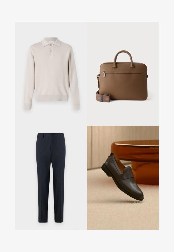 Lichtbeige poloshirt met lange mouwen, gemaakt van zachte stof. Voorzien van een kraag, een drieknoopsluiting en ribgebreide manchetten en zoom.; DRYKORN AJEND - Chino - blue; Donkerbruine leren loafer met een lage hak zwevend boven een beige tapijt, naast een glanzende, afgeronde, amberkleurige tafel.; Bruine leren aktetas met bovenhandvatten, voorvak met ritssluiting en afneembare bijpassende schouderriem op witte achtergrond.