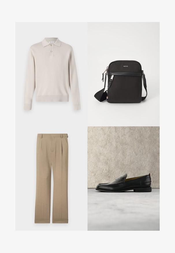 Lys beige langærmet polo skjorte lavet af blødt materiale. Har krave, tre-knaps lukning og ribbede manchetter og kant.; Beige bukser lavet af letvægtigt stof, med et lige ben-design, dobbelte folder og opfoldede kanter for en afslappet pasform.; Sort læder herreloafer med krokodillepræget forstykke og lav hæl, vist i profil på en neutral baggrund.; Sort crossbody taske med et struktureret stof, logo på fronten, lynlås lukning og justerbar rem. Har en glat læderkant.