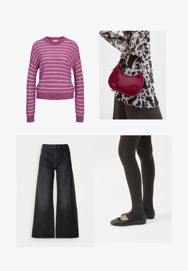 Lyserød og hvid stribet striktrøje med rund halsudskæring, sænkede skuldre og ribbede manchetter og kant. Blød tekstur, cropped pasform.; Sorte vidde jeans lavet af denim, med en høj talje, to forlommer og synlige sømme samt en subtil tekstureret finish.; Ben iført mørke ribbede leggings kombineret med sorte balletsko med små sløjfedetaljer på hvid baggrund.; Kvinde iført en sort- og hvidmønstret bluse, der holder en blank rød skuldertaske mod en ensfarvet baggrund.