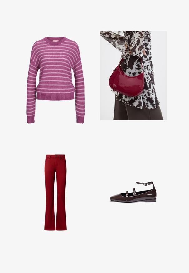 Lyserød og hvid stribet striktrøje med rund halsudskæring, sænkede skuldre og ribbede manchetter og kant. Blød tekstur, cropped pasform.; Røde bootcut-bukser med forreste knap, lynlås og fem-lomme-stil, vist på en hvid baggrund.; Brune patentlæder flade sko med spids tå, der har to justerbare stropper og sølvspænder samt en lav, firkantet hæl.; Kvinde iført en sort- og hvidmønstret bluse, der holder en blank rød skuldertaske mod en ensfarvet baggrund.
