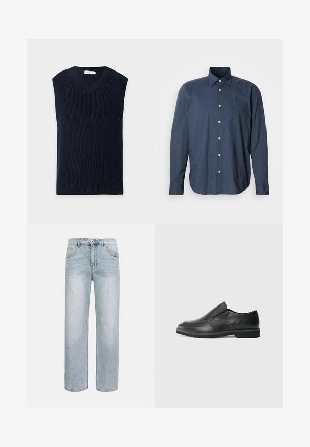 Veste sans manches en tricot bleu marine avec col en V et ourlet côtelé, exposée sur un fond clair uni.; Chemise bleu marine à manches longues, à motif à petits carreaux, avec une poche poitrine unique et des boutons blancs sur fond uni.; Jean bleu clair à jambes droites avec poches avant, fermeture par bouton et légère décoloration sur les cuisses et les genoux.; Chaussure slip-on en cuir noir avec une tige lisse, des accents cousus, un bout arrondi et un petit talon en caoutchouc. La semelle présente un profil de traction minimal.