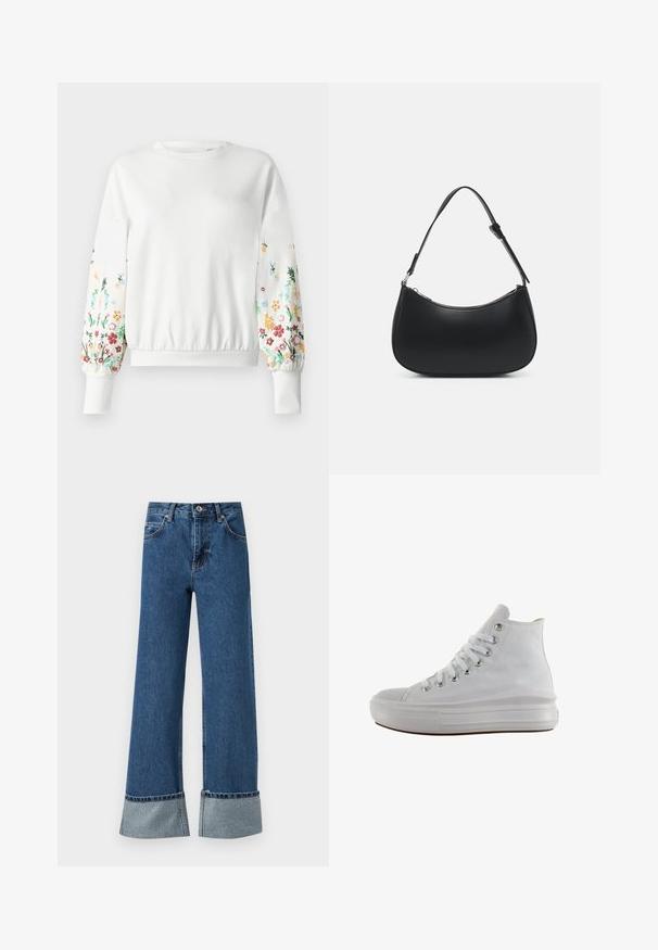 Weißes Sweatshirt mit rundem Ausschnitt und gerippten Bündchen, das farbenfrohe Blumenstickerei an den Ärmeln in verschiedenen Farbtönen aufweist.; Weite blaue Jeans mit fransigem Saum und silbernen dekorativen Akzenten an den Bündchen. Verfügt über einen Knopfverschluss und ein Fünf-Taschen-Design.; Weißer High-Top-Canvas-Sneaker mit weißen Schnürsenkeln, metallischen Ösen, dicker Gummisohle und strukturierter Zehenkappe, nach links auf weißem Hintergrund ausgerichtet.; Pieces PCALUANA SHOULDER BAG - Handtasche - black