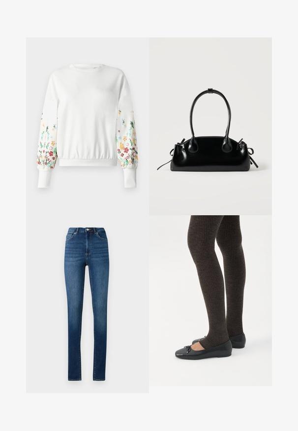 Hvid sweatshirt med rund halsudskæring og ribstrikkede manchetter, der har farverig blomsterbroderi langs ærmerne i forskellige nuancer.; Høj talje skinny jeans i medium blå denim med klassisk fem-lomme design og knaplukning.; Ben iført mørke ribbede leggings kombineret med sorte balletsko med små sløjfedetaljer på hvid baggrund.; Lille sort blank håndtaske med to lange håndtag og snøre-detaljer i siden på en ensfarvet lys baggrund.