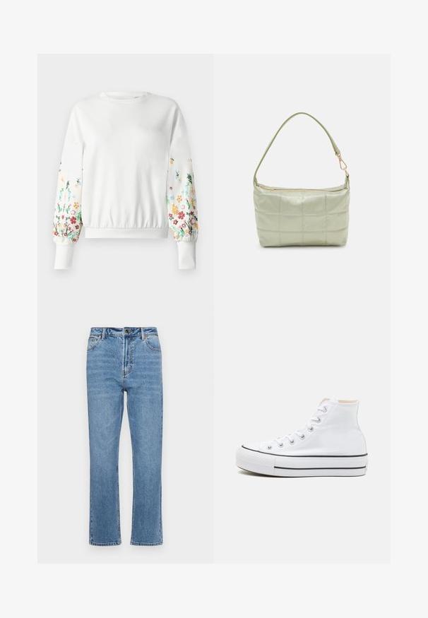 Sweatshirt blanc à col rond et poignets côtelés, orné de broderies florales colorées le long des manches dans diverses teintes.; Jean en denim bleu clair avec une coupe droite, cinq poches, fermeture à bouton à l'avant et décoloration subtile sur le tissu.; Baskets montantes blanches en toile, semelle en caoutchouc noir et bande noire contrastante sur la semelle intermédiaire. Bout rond et design à lacets.; Sac vert rembourré avec une texture douce, de forme rectangulaire, à une bandoulière, et fermeture à glissière dorée. Présente un motif matelassé.