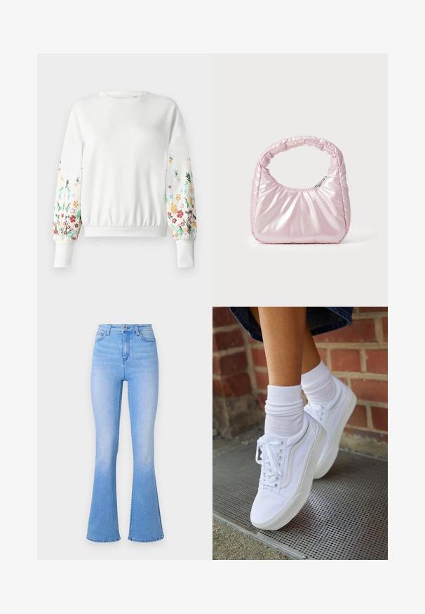 Weißes Sweatshirt mit rundem Ausschnitt und gerippten Bündchen, das farbenfrohe Blumenstickerei an den Ärmeln in verschiedenen Farbtönen aufweist.; Hellblau ausgestellte Jeans mit hoher Taille, aus Denim gefertigt. Hat eine glatte Textur und einen subtilen Farbverlauf zum Saum hin. Klassisches Fünf-Taschen-Design.; Weiße Leinensneaker mit Gummisohlen, ausgestattet mit sechs Ösen, runder Zehenpartie und dezenten Nähten, kombiniert mit weißen Knöchelsocken.; Rosa, gepolsterte Handtasche mit abgerundeter Form, aus glänzendem Material gefertigt. Verfügt über einen gerafften Griff und einen Reißverschluss für sicheren Zugang.