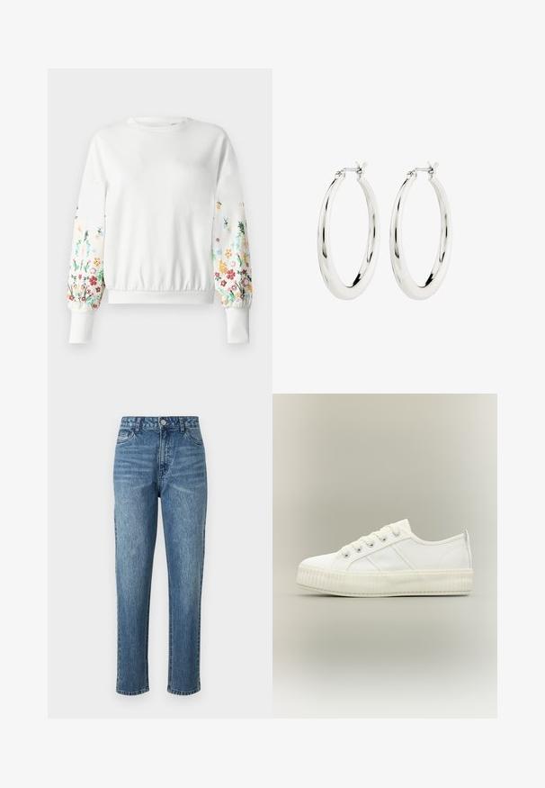Weißes Sweatshirt mit rundem Ausschnitt und gerippten Bündchen, das farbenfrohe Blumenstickerei an den Ärmeln in verschiedenen Farbtönen aufweist.; Blaue Denim-Jeans mit geradem Bein, fünf Taschen und einer vorderen Knopfverschluss. Helle Waschung mit subtilen Auswaschungen und einer strukturierten Oberfläche.; Weißer Sneaker mit niedrigem Schaft, dicker gerippter Sohle, Schnürung vorne und Zuglasche an der Ferse vor neutralem Hintergrund.; Silberne Creolen mit einer glatten, glänzenden Oberfläche. Kreisform, ausgestattet mit einem sicheren Verschluss. Einfaches und elegantes Design.