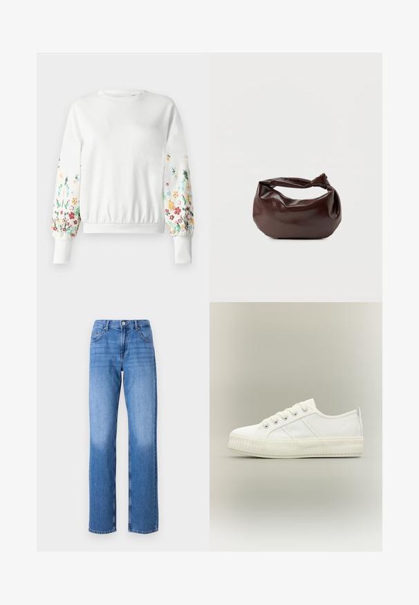 Witte sweatshirt met ronde halslijn en ribgebreide manchetten, voorzien van kleurrijke bloemembroidered langs de mouwen in verschillende tinten.; Lichtblauwe spijkerbroek met een hoge taille, rechte pijpen en vervaagde plekken. Voorzien van standaard voorkantzakken en een knoopsluiting.; Witte lage sneaker met dikke geribde zool, veters aan de voorkant en trek-lus aan de hiel tegen een neutrale achtergrond.; Donkerbruine leren schoudertas met een zachte, slungelige vorm en een gedraaide knoopvormige handgreep op een effen witte achtergrond.