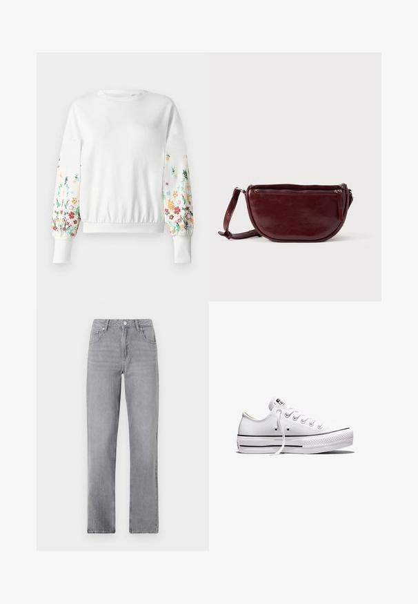 Hvid sweatshirt med rund halsudskæring og ribstrikkede manchetter, der har farverig blomsterbroderi langs ærmerne i forskellige nuancer.; Grå lige jeans med frontlommer, en knaplukning og en klassisk pasform præsenteret på en ensfarvet hvid baggrund.; Lavtop hvid lærredsneaker med hvide snørebånd, gummisål, sorte stribedetaljer og logo-patch på tungen og hælen.; Vinrød læderhåndtaske med halvmåneform, lynlås og aftagelig rem. Glat tekstur med en subtil glans.