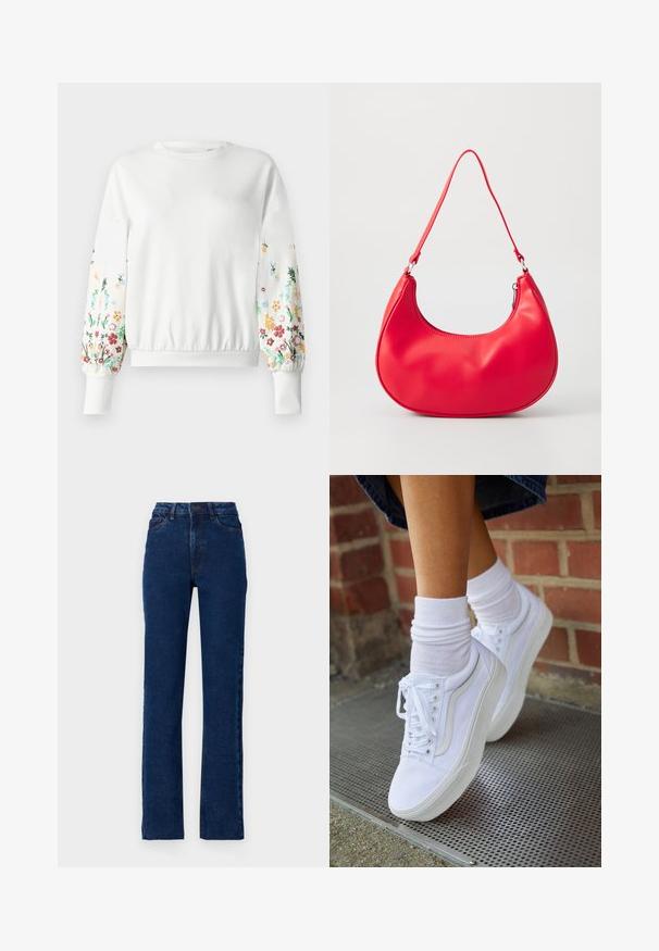 Hvid sweatshirt med rund halsudskæring og ribstrikkede manchetter, der har farverig blomsterbroderi langs ærmerne i forskellige nuancer.; Høj talje mørkeblå denim jeans med lige ben, fem lommer og kontrasterende syninger langs sømmene.; Hvide lærreds sneakers med gummisåler, der har seks snørehuller, rund tå og let sømdetaljer, krydret med hvide ankelstrømper.; Rød syntetisk læder skuldertaske med en buet form, slank rem og lynlås lukning. Glat tekstur med synlige syninger.