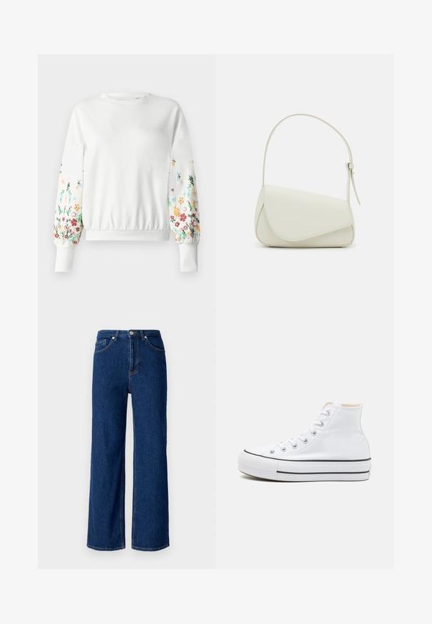Weißes Sweatshirt mit rundem Ausschnitt und gerippten Bündchen, das farbenfrohe Blumenstickerei an den Ärmeln in verschiedenen Farbtönen aufweist.; Weite Jeans aus Denim in Dunkelblau mit klassischem Fünf-Taschen-Design, subtilen Nähten und einem Metallknopfverschluss am Bund.; Weiße High-Top-Sneaker aus einem Material aus Segeltuch, mit schwarzer Gummisohle und kontrastierendem schwarzen Streifen auf der Zwischensohle. Runde Zehenkappe und Schnürdesign.; Weiße Kunstleder-Handtasche mit einer strukturierten dreieckigen Form, einem verstellbaren Einzelgurt und einem Klappenverschluss mit geschwungenen Akzenten.