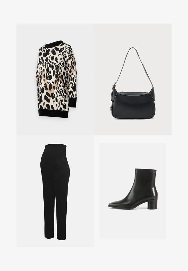Leopardprint sweater i neutrale nuancer af sort, beige og creme. Har en rund halsudskæring og ribbede sorte manchetter og kant.; Sorte graviditetsbukser med strækbar høj talje designet til at støtte en gravid mave, lige ben og forlommer.; Sort læderankelstøvle med spids tå og en mellemhøj blokhælk. Glat tekstur og minimalistisk design. Ingen synligt hardware.; Sort skuldertaske i læder med en glat tekstur, rundet form og en tynd strop. Har lynlås og minimal hardware-detaljer.