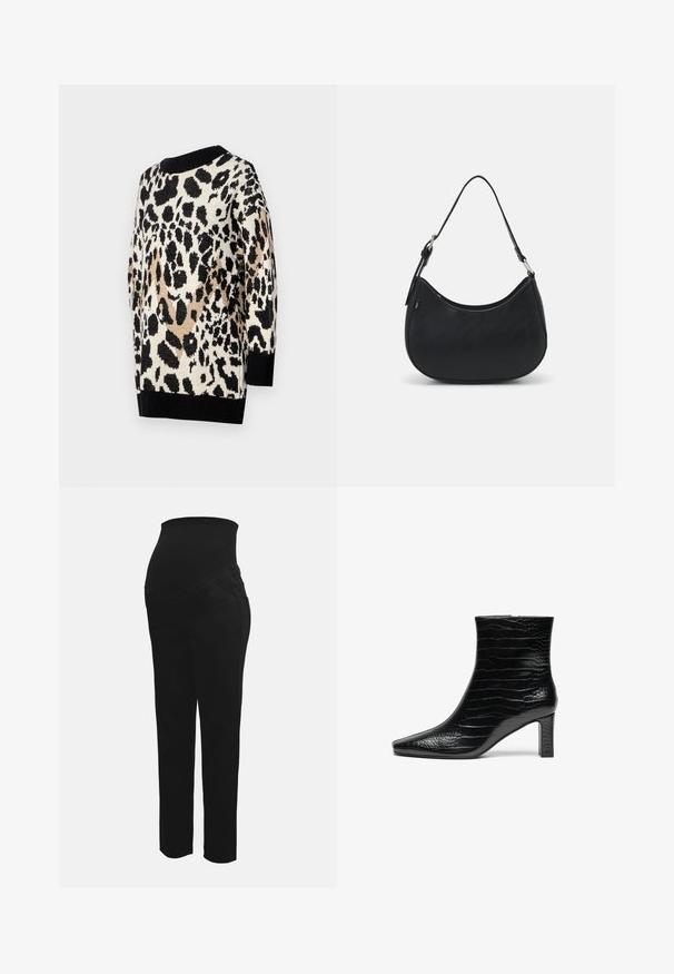 Leopardprint sweater i neutrale nuancer af sort, beige og creme. Har en rund halsudskæring og ribbede sorte manchetter og kant.; Sorte graviditetsbukser med strækbar høj talje designet til at støtte en gravid mave, lige ben og forlommer.; Sort ankelstøvle med spids tå, glat kroko-struktur på ydersiden og en mellemhøj firkantet hæl. Glat, strømlinet design.; Sort hobo taske lavet af glat læder med en buet silhuet, der har en enkelt justerbar skulderrem og minimalistiske designdetaljer.