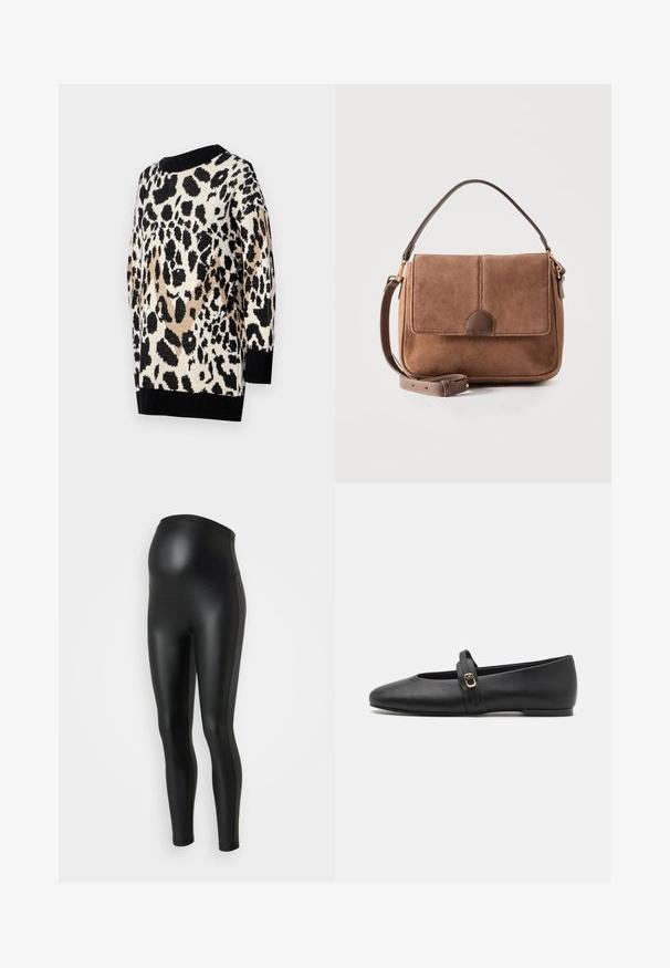 Leopardprint sweater i neutrale nuancer af sort, beige og creme. Har en rund halsudskæring og ribbede sorte manchetter og kant.; Sorte graviditetsleggings med en glat, blank overflade. Høj talje design, der tilpasser sig en voksende mave. Stretchstof for komfort og pasform.; Sorte læder flade sko med rund tå-design, der har en tynd rem med en guld spænde dekor på vristen.; Brun ruskindshåndtaske med klaplukning, kort håndtag og justerbar skulderrem, sat op mod en ensfarvet hvid baggrund.