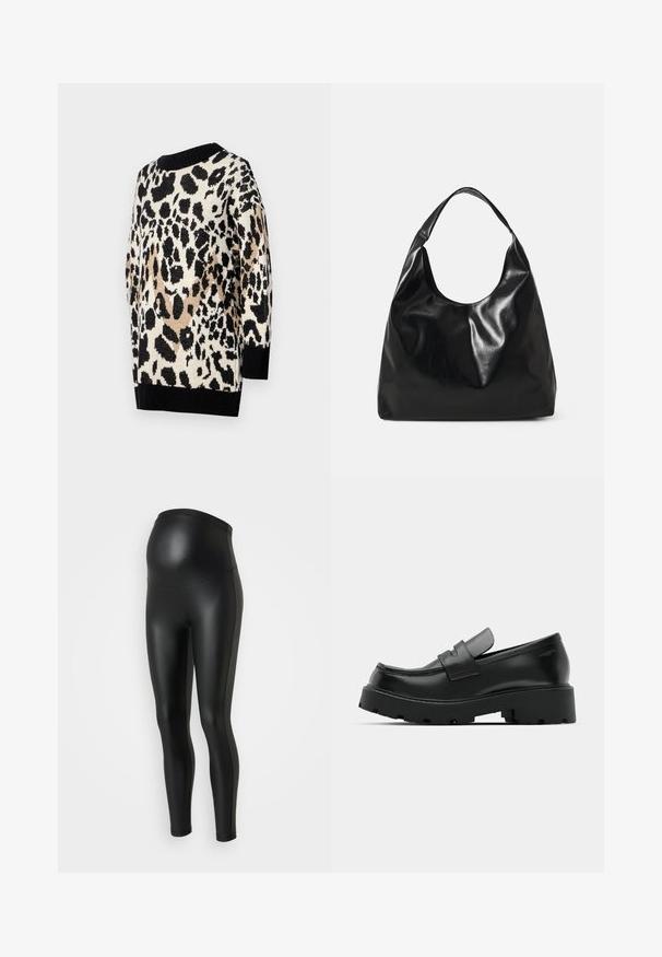Leopardprint sweater i neutrale nuancer af sort, beige og creme. Har en rund halsudskæring og ribbede sorte manchetter og kant.; Sorte graviditetsleggings med en glat, blank overflade. Høj talje design, der tilpasser sig en voksende mave. Stretchstof for komfort og pasform.; Sorte læder loafers med en chunky tekstureret sål, der har en rem over vamps og en glat, poleret finish.; Sort læder hobo taske med en blød, skinnende tekstur og en rund, åben top. Har en bred, buet strop til bæring. Ingen synlig hardware.