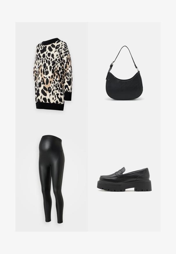 Suéter de estampado de leopardo en tonos neutros de negro, beige y crema. Presenta un escote redondo y puños y dobladillo ribeteados en negro.; Leggings de maternidad negros con una textura suave y brillante. El diseño de cintura alta se adapta a una barriga en crecimiento. Tejido elástico para comodidad y ajuste.; Mocasines de cuero negro con una suela de goma baja y gruesa, detalles de costura en la parte superior y una textura suave.; Bolso hobo negro hecho de cuero suave con una silueta curva, que cuenta con una sola correa ajustable y detalles de diseño minimalistas.