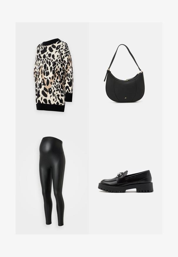 Suéter de estampado de leopardo en tonos neutros de negro, beige y crema. Presenta un escote redondo y puños y dobladillo ribeteados en negro.; Leggings de maternidad negros con una textura suave y brillante. El diseño de cintura alta se adapta a una barriga en crecimiento. Tejido elástico para comodidad y ajuste.; Mocasines de cuero negro con una suela gruesa y estriada y un acento de hebilla metálica en la correa. Textura suave, diseño clásico.; Bolso de mano de cuero negro con forma curva, superficie texturizada, costuras frontales y un logo en tono dorado. Cuenta con una sola correa ajustable.