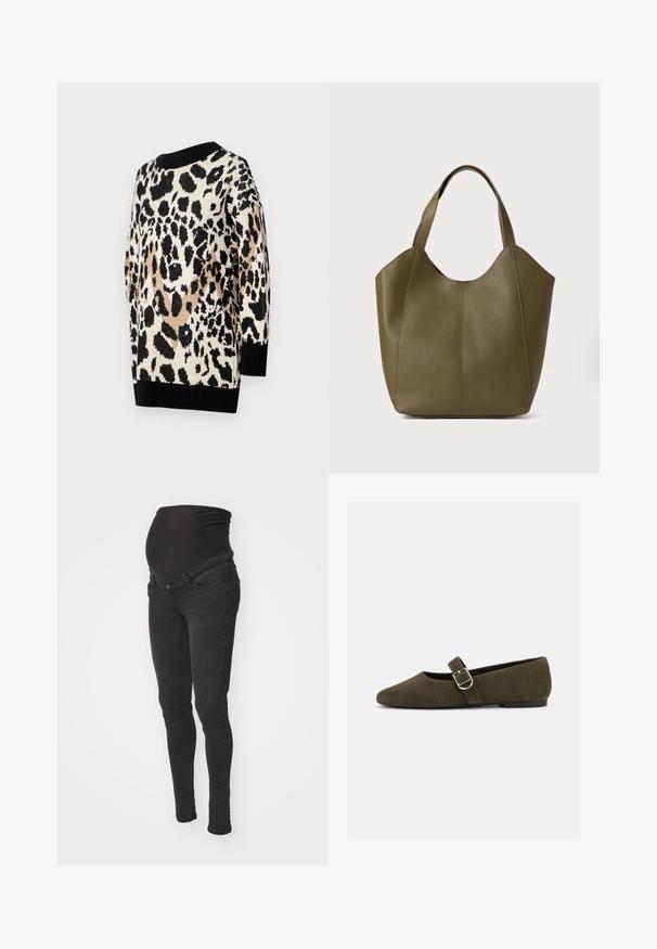Suéter de estampado de leopardo en tonos neutros de negro, beige y crema. Presenta un escote redondo y puños y dobladillo ribeteados en negro.; Vaqueros de maternidad negros con una cinturilla blanda y elástica, diseño ajustado y dos bolsillos frontales. Fabricados en denim con una textura suave.; Zapato plano Mary Jane de ante verde oliva con hebilla de plata y punta redondeada, mostrado sobre un fondo blanco.; Bolso tote de piel verde oliva con asas dobles, textura suave y diseño de cuatro paneles. Costura reforzada a lo largo de las costuras para mayor durabilidad.