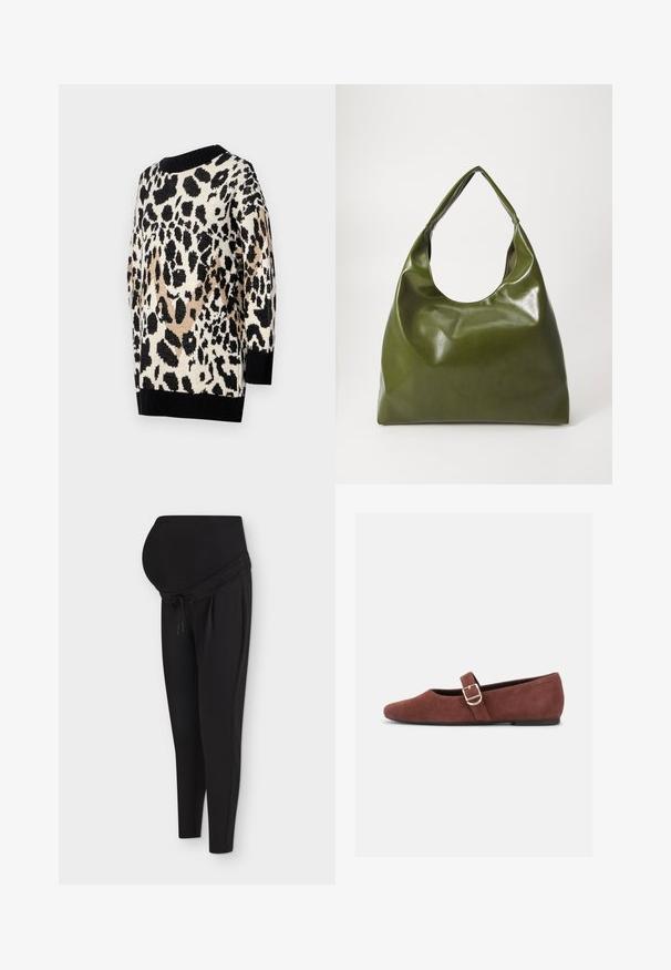 Pull en imprimé léopard dans des tons neutres de noir, beige et crème. Il présente un col rond et des poignets et un ourlet côtelés noirs.; Pantalon de maternité noir avec une ceinture haute et extensible pour le soutien pendant la grossesse, jambes fuselées et cordon de serrage à la taille.; Chaussure plate Mary Jane en suède marron avec une bride à boucle dorée et une semelle noire sur fond blanc.; Sac hobo en cuir vert au design décontracté, avec une poignée incurvée et une texture lisse. Ne contient aucun matériel ou accent visible.