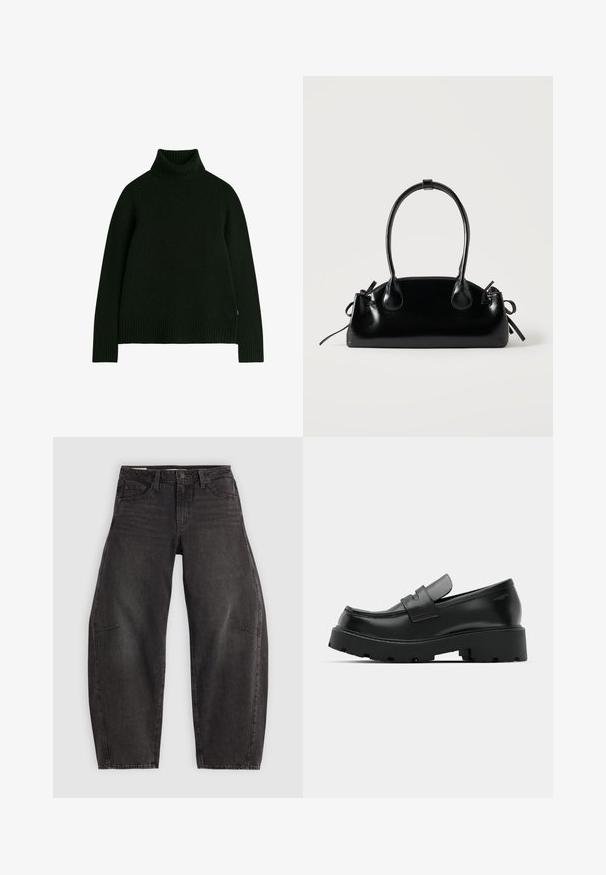 Sort turtleneck sweater lavet af strikket materiale, med ribbede mansjetter og kant. Enkelt design med en afslappet pasform og lange ærmer.; Sorte denim jeans med en afslappet pasform, der har fem lommer, knaplukning og subtil fading. Stoffet har en glat, robust tekstur.; Sorte læder loafers med en chunky tekstureret sål, der har en rem over vamps og en glat, poleret finish.; Lille sort blank håndtaske med to lange håndtag og snøre-detaljer i siden på en ensfarvet lys baggrund.