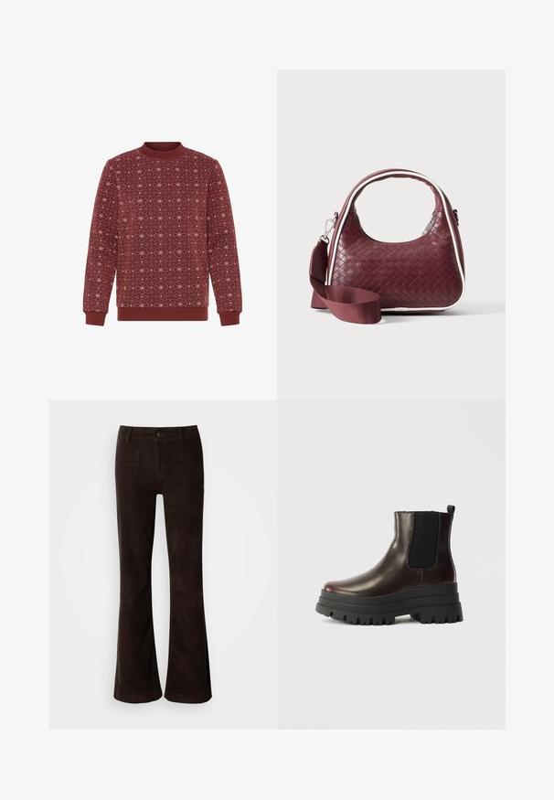 Burgunderfarbenes Sweatshirt mit einem geometrischen weißen Sternmuster. Rippkragen und -bündchen. Weiche Textur und lockere Passform.; Braune Cord-Flared-Hose mit hoher Taille, vorderer Knopfverschluss und zwei Gesäßtaschen. Glatte Textur mit leicht glänzendem Finish.; Braune Leder-Ankle-Boots mit elastischen Seitenpaneelen, robuster schwarzer Plateau-Sohle und Zugschlaufe. Sie verfügen über eine glatte Oberfläche und ein robustes Profil.; Dunkelrote gewebte Ledertasche mit gebogenem Griff, weißem Besatz, silbernem Reißverschluss und abnehmbarem breitem Stoff-Schulterriemen vor einfarbigem Hintergrund.