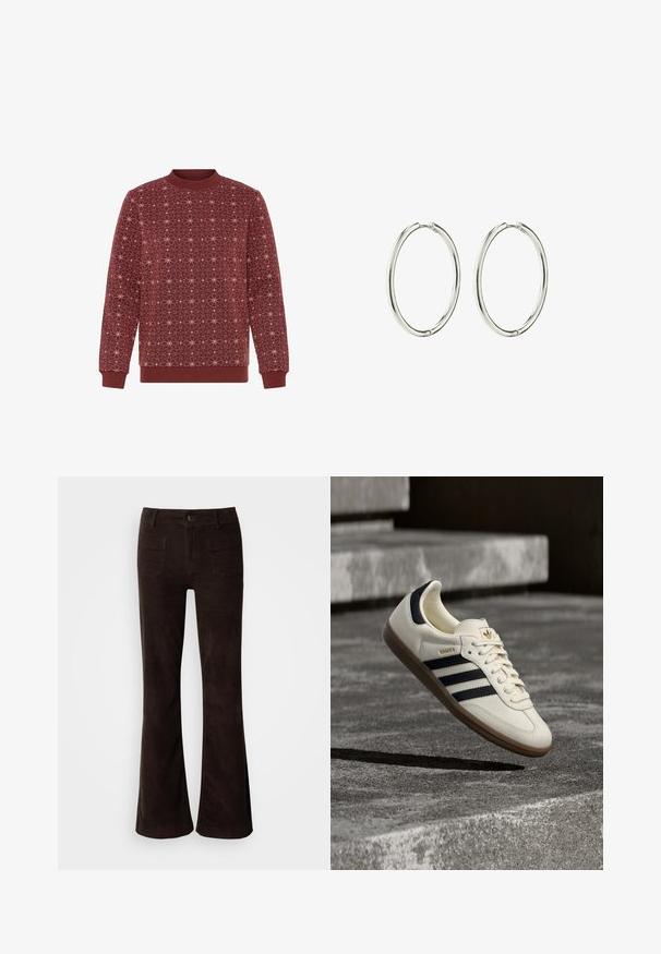 Bordeaux sweatshirts med et geometrisk hvidt stjernes mønster. Ribbet rund halsudskæring og manchetter. Blød tekstur og afslappet pasform.; Brune flared bukser i ribfløjl med høj talje, lukning med knapper foran og to baglommer. Glat tekstur med en let skinnende finish.; Hvid Adidas Samba sneaker med sorte striber og gummsål, svævende over teksturerede grå betonstrin.; Sølvøreringe med en glat, poleret overflade. Rund form, letvægtsdesign med en sikker låsemekanisme.