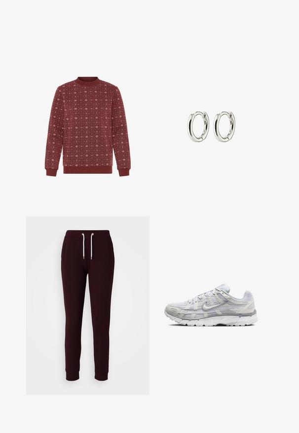 Burgunderfarbenes Sweatshirt mit einem geometrischen weißen Sternmuster. Rippkragen und -bündchen. Weiche Textur und lockere Passform.; Burgunderfarbene Sweatpants aus Baumwollmischung, mit einem elastischen Bund und Kordelzug, zwei Seitentaschen und schmal zulaufenden Bündchen.; Helle graue Sportschuhe mit einem Obermaterial aus Mesh und Synthetik, ausgestattet mit Schnürverschluss, gepolsterter Zunge und strukturiertem Sohlen für besseren Grip.; Silberne Creolen mit einer glatten, glänzenden Oberfläche. Runde Form mit einem sicheren Verschluss. Minimalistisches Design mit einem subtilen Drehdetail.