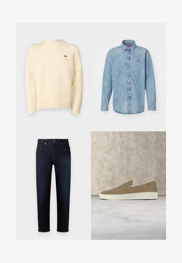 Suéter de punto color crema con un patrón de diamante texturizado, puños y dobladillo acanalados; incluye un pequeño logo verde de Lacoste en el pecho.; Camisa de mezclilla azul claro con mangas largas, cuello puntiagudo y cierre de botones. Presenta un pequeño logotipo rojo en el área del pecho izquierdo.; Vaqueros de mezclilla azul oscuro con un diseño de pierna recta, que cuentan con cinco bolsillos, costuras en contraste y un cierre de botón en la parte delantera.; Zapato beige sin cordones con suela blanca, mostrado en el aire sobre una alfombra clara con muebles transparentes de color ámbar al fondo.