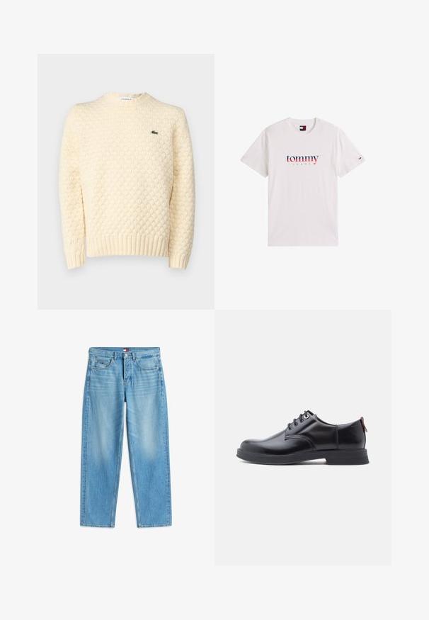 Cremefarvet striktrøje med et struktureret diamantmønster, ribbede manchetter og kant; inkluderer et lille grønt Lacoste-logo på brystet.; Hvid kortærmet t-shirt med "tommy JEANS" logo i rødt og blåt foran og lille broderet flag på venstre ærme.; Lyseblå afslappede jeans med lige ben, forlommer, bæltestropper og knaplukning, lagt fladt på en hvid baggrund.; Sorte snørestøvler i læder med glat tekstur, rundet tå og diskrete syningsdetaljer. Har en rød trækflig på hælen.