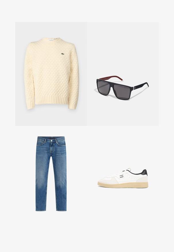 Suéter de punto color crema con un patrón de diamante texturizado, puños y dobladillo acanalados; incluye un pequeño logo verde de Lacoste en el pecho.; Jeans de denim azul claro con un diseño de pierna recta, lavado desgastado, estilo de cinco bolsillos, costuras en contraste y cierre frontal de botón.; Zapatilla deportiva de cuero blanco con talón negro, cierre de cordones, detalles perforados en la parte superior y suela de goma color canela. Presenta acentos con el logo.; Tommy Hilfiger Gafas de sol - matte blue