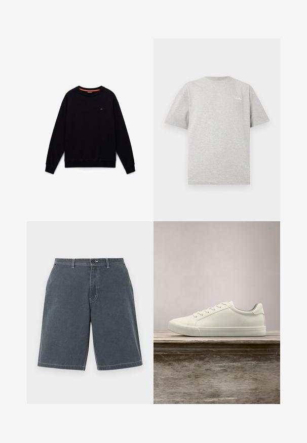 Sort langærmet sweatshirt med rund hals, ribkanter ved ærmer og forneden, lille logo på venstre bryst og orange kantbånd i halsen indvendigt.; Lysegrå crewneck t-shirt med korte ærmer og lille hvidt logo på øverste venstre bryst mod hvid baggrund.; Mørkegrå bomuldsshorts med knap og lynlås foran, bæltestropper, sidelommer og synlige hvide syninger på en ensfarvet baggrund.; Hvide snørresneakers svævende over en træbænk med grønne planter i baggrunden, der fremhæver skodesign og tekstur.