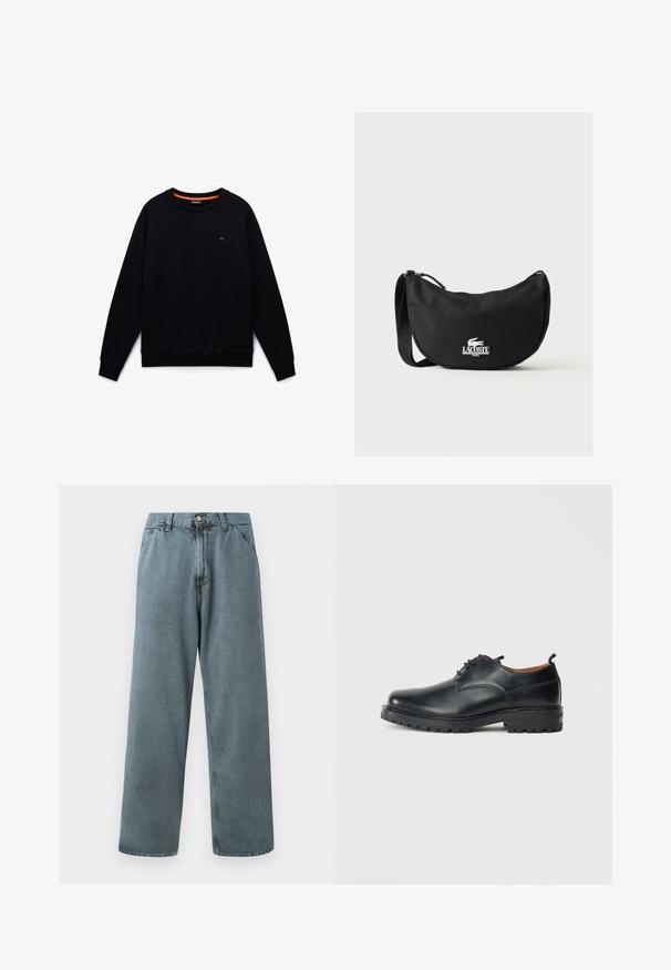 Sort langærmet sweatshirt med rund hals, ribkanter ved ærmer og forneden, lille logo på venstre bryst og orange kantbånd i halsen indvendigt.; Lysblå denimbukser med lige benpasform, der har en klassisk knaplukning og fem-lomme design. Blød tekstur og minimale syningsdetaljer.; Sorte læder derby-sko med en glat overflade, rund tå, snøre-design og en tyk, robust gummisål.; Sort Lacoste skuldertaske med buet form, justerbar rem og hvidt præget krokodillelogo over mærkenavnet foran.