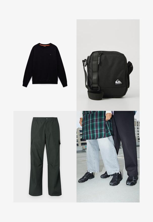 Sort langærmet sweatshirt med rund hals, ribkanter ved ærmer og forneden, lille logo på venstre bryst og orange kantbånd i halsen indvendigt.; Mørkegrøn cargo bukser med en afslappet pasform, elastisk talje, sydde lommer og en glat, let stofstruktur.; Sorte atletik sko med mesh- og gummidetaljer. Båret med lysegrå vide jeans og en ternet grøn bluse. Flad overflade i baggrunden.; Kompakt sort crossbody taske med justerbar rem, frontlomme med lynlås og et lille hvidt Quiksilver logo-patch.