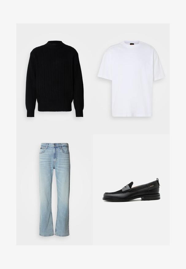 Gros pull en maille côtelée noir avec un col haut, des manches longues et une coupe décontractée. Le tissu présente un motif texturé sur l'ensemble de la surface.; T-shirt en coton blanc avec un col rond, des manches courtes et une coupe décontractée. Les coutures épaules texturées ajoutent un détail supplémentaire.; Jeans en denim bleu clair avec une coupe droite, dotés de cinq poches, d'une fermeture à bouton et d'une légère décoloration sur le tissu.; Mocassin en cuir noir avec détail de bride grise, talon bas et semelle texturée, marqué "HUGO" en or sur le côté.