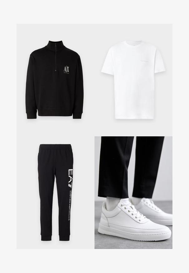 Zwarte rits-sweatshirt gemaakt van een katoenmix. Voorzien van een hoge kraag, ribgebreide mouwen en een klein wit logo op de linkerkant van de borst.; Witte katoenen t-shirt met korte mouwen, ronde halslijn, met een subtiele grijze logo-afdruk op de linkerkant van de borst en een gladde textuur.; Zwarte sweatpants van rekbaar materiaal. Voorzien van een elastische tailleband, taps toelopende boorden en witte branding op het linkerbeen.; Witte leren sneakers met een platte rubberen zool, met een soepele afwerking, ronde neus en metalen oogjes voor de veters. Draag ze met een zwarte broek.