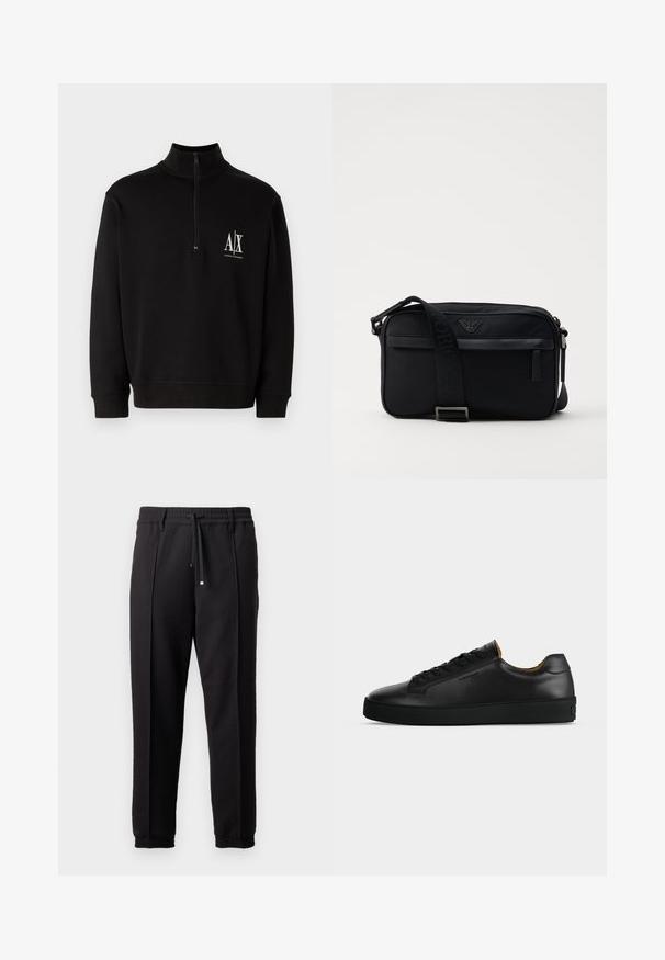 Schwarzer Reißverschluss-Hoodie aus Baumwollmischung. Verfügt über einen hohen Kragen, gerippte Bündchen und ein kleines weißes Logo auf der linken Brust.; Schwarze Hose mit einem Bund, Kordelzug und elastischen Bündchen. Sie verfügt über Plissees und einen glatten, strukturierten Stoff.; Schwarzer flacher Ledersneaker mit schwarzen Schnürsenkeln, strukturierter Gummisohle und kleinem eingeprägtem Logo an der Seite, im Profil vor grauem Hintergrund gezeigt.; Schwarze Nylon-Schultertasche mit einem kontrastierenden Riemen, schlanker rechteckiger Form, Logo-Detail und einer Reißverschlusstasche auf der Vorderseite.