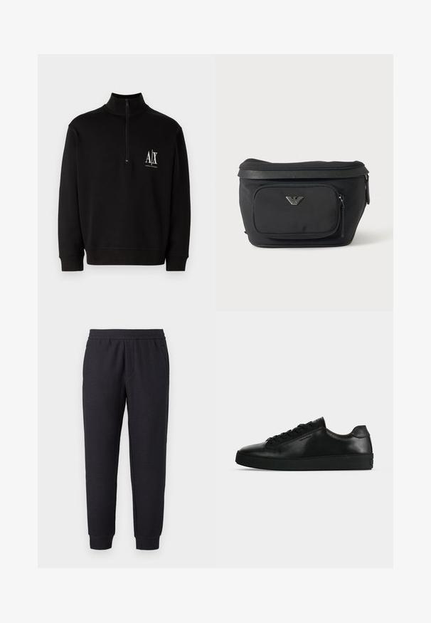 Zwarte rits-sweatshirt gemaakt van een katoenmix. Voorzien van een hoge kraag, ribgebreide mouwen en een klein wit logo op de linkerkant van de borst.; Zwarte taps toelopende joggingbroek met elastische tailleband en boorden, voorzien van een subtiel textuurpatroon en zijzakken.; Zwarte lage leren sneaker met zwarte veters en een dikke zwarte zool, getoond van opzij tegen een lichtgrijze achtergrond.; Zwarte heuptas met voorvak met rits en zilveren adelaarlogo, gladde stof met gestructureerde afwerking en ritstrekker.