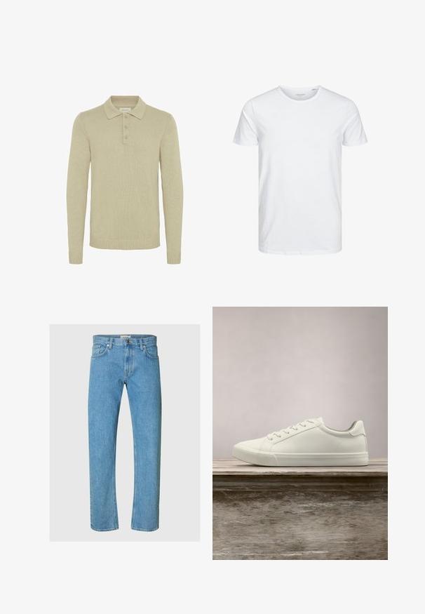 Suéter de polo de manga larga color beige, hecho de tela de punto acanalado, con una tapeta de tres botones y puños y dobladillo acanalados. Diseño de cuello clásico.; Camiseta de manga corta y cuello redondo en blanco sólido, fabricada en algodón suave, presenta un diseño simple sin patrones ni acentos visibles.; Los jeans de mezclilla en un tono azul claro presentan un diseño de pierna recta, estilo de cinco bolsillos y un cierre de cremallera con un botón de metal.; Zapatilla blanca con cordones flotando sobre un banco de madera con follaje verde al fondo, mostrando el diseño y la textura del zapato.
