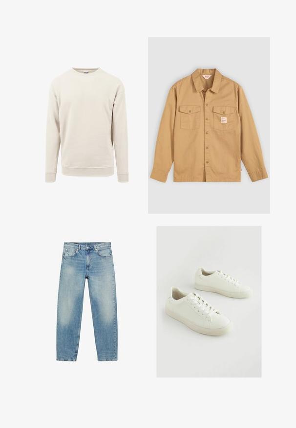Helles beiges Sweatshirt aus weichem Stoff, mit rundem Hals, langen Ärmeln und gerippten Bündchen an den Ärmeln und am Saum.; Beige Hemd mit langen Ärmeln, zwei Brusttaschen und einem kleinen Etikett. Hergestellt aus Baumwolle mit einer glatten Textur und klassischem Kragen-Design.; Blue Jeans mit geradem Bein, vorderen Taschen und Gürtelschlaufen, die leichte Verblassungen an Oberschenkeln und Knien zeigen.; Weiße Sneaker aus strukturiertem Synthetikmaterial mit rundem Zehenbereich, Schnürsenkelverschluss und leicht erhöhtem Gummisohlensohle.
