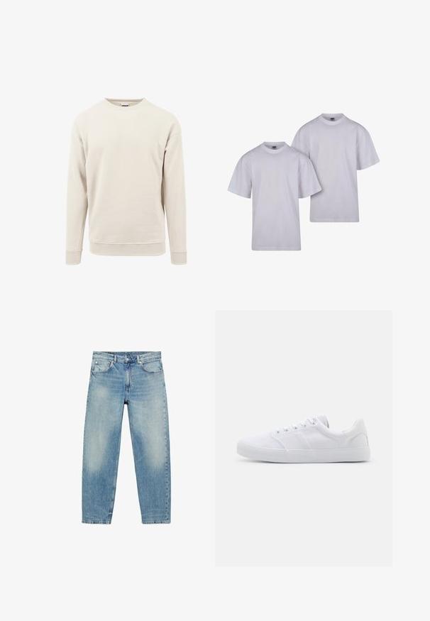 Helles beiges Sweatshirt aus weichem Stoff, mit rundem Hals, langen Ärmeln und gerippten Bündchen an den Ärmeln und am Saum.; Zwei weiße Baumwoll-T-Shirts mit kurzen Ärmeln, Rundhalsausschnitt und geradem Schnitt. Einfaches Design, keine Muster oder sichtbaren Marken.; Blue Jeans mit geradem Bein, vorderen Taschen und Gürtelschlaufen, die leichte Verblassungen an Oberschenkeln und Knien zeigen.; Weiße Leinenschuhe mit Gummisohle, ausgestattet mit sechs Ösen, einer strukturierten Zehenkappe und minimalistischer Gestaltung.