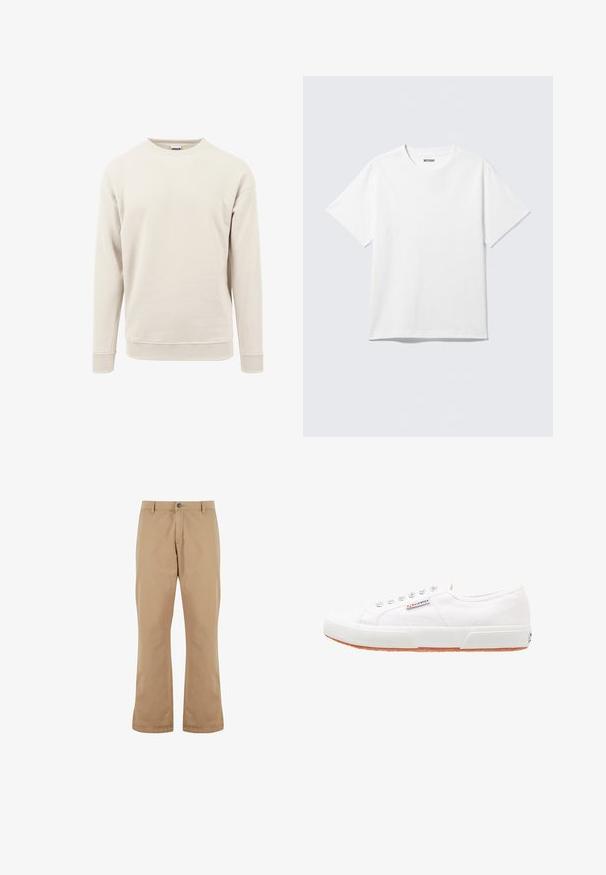 Helles beiges Sweatshirt aus weichem Stoff, mit rundem Hals, langen Ärmeln und gerippten Bündchen an den Ärmeln und am Saum.; Weißes T-Shirt mit kurzen Ärmeln und Rundhalsausschnitt, flach liegend, schlichtes Design, mit „WEEKDAY“-Etikett innen im Kragen auf hellem Hintergrund.; Beige Baumwollhosen mit geradem Schnitt, ausgestattet mit einem Knopfverschluss, Vordertaschen und einer glatten Textur.; Weiße Leinensneaker mit Gummisohle, Schnürdesign und einem kleinen Logolabel an der Seite. Strukturierte weiße Oberseite und braune Außensohle.