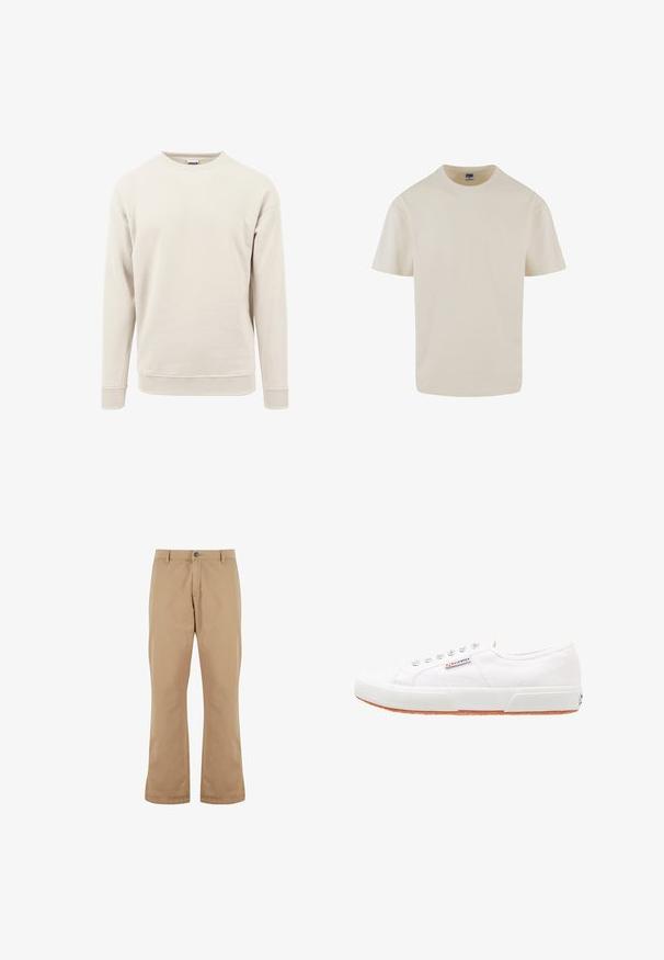 Sweatshirt beige clair en tissu doux, avec un col rond, des manches longues et des poignets côtelés aux manches et à l'ourlet.; Urban Classics LOOSE TEE - T-shirt basique - whitesand; Pantalons en coton beige à coupe droite, dotés d'une fermeture à bouton, de poches avant et d'une texture lisse.; Baskets en toile blanches avec une semelle en caoutchouc, design à lacets et une petite étiquette logo sur le côté. Tige blanche texturée et semelle extérieure marron.
