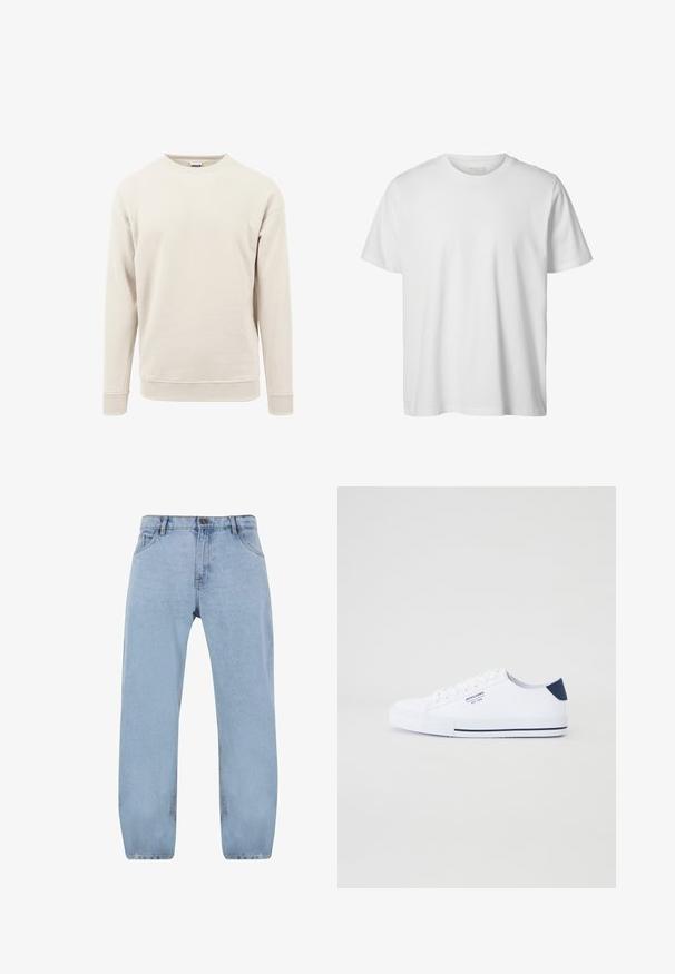 Sweatshirt beige clair en tissu doux, avec un col rond, des manches longues et des poignets côtelés aux manches et à l'ourlet.; T-shirt blanc uni à manches courtes, col rond, coupe décontractée, sans logos ni motifs visibles à l'avant.; Jean en denim bleu clair avec un design à jambes droites, comportant quatre poches, une fermeture éclair et des détails de couture dorée.; Baskets en toile blanches avec un accent de talon marine, semelle en caoutchouc plate, bout rond et lacets blancs. Présente un logo sur le côté.