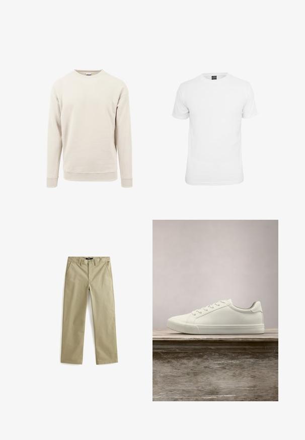 Lys beige sweatshirt lavet af blød stof, med rund hals, lange ærmer og ribbede manchetter ved ærmerne og kanten.; Hvid kortærmet t-shirt, lavet af bomuld, med en klassisk rund hals og en glat tekstur, designet til afslappet brug.; Beige bomulds chinos med lige ben design, der har to forlommer og en klassisk knaplukning. Glat tekstur, minimale detaljer.; Hvide snørresneakers svævende over en træbænk med grønne planter i baggrunden, der fremhæver skodesign og tekstur.