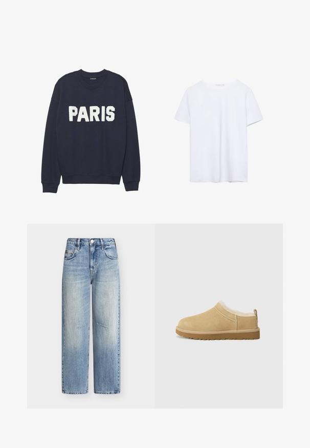 Sweatshirt bleu marine avec des poignets et un col côtelés, arborant des lettres en polaire blanche qui indiquent "PARIS" sur le devant.; T-shirt blanc uni à manches courtes et col rond avec ourlet droit, présenté sur un fond blanc.; Jean en denim bleu à jambes larges, taille haute, fermeture bouton et zip, poches avant et arrière, détails de lavage délavé.; Chaussure en daim à enfiler de couleur beige clair, dotée d'une douce doublure en fourrure et d'une semelle en caoutchouc texturé avec un léger talon et une sangle à l'arrière pour un enfilage facile.