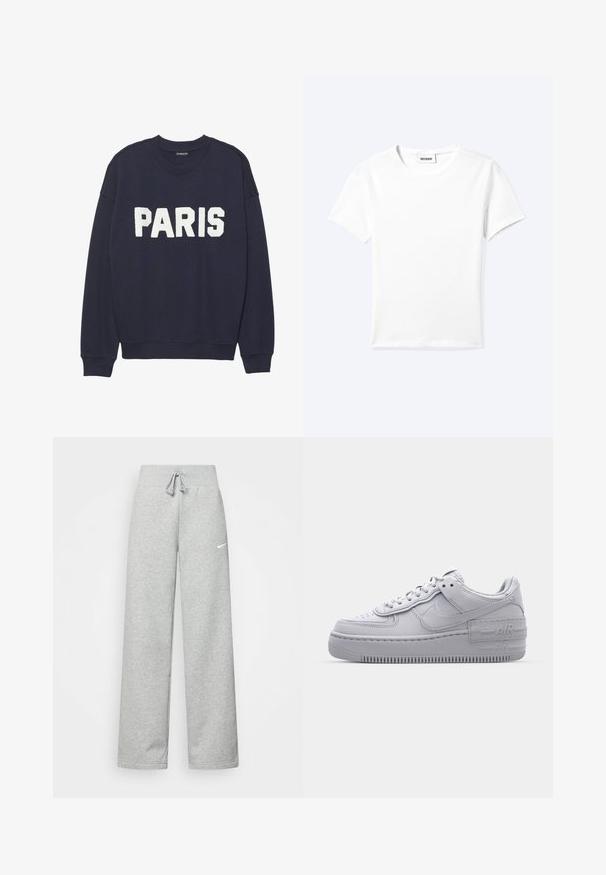 Marineblå sweatshirt med ribbede manchetter og halsudskæring, prydet med hvid fleece-tekst, der står "PARIS" på forsiden.; Ensfarvet hvid t-shirt med korte ærmer og rund halsudskæring med en lille "WEEKDAY" label indeni halskanten, vist fladt på en lys baggrund.; Grå sweatpants med elastisk talje, snor detaljer og et lille hvidt Nike-logo på venstre lår. Blødt stof, løs pasform.; Grå Nike Air Force 1 sneakers med perforeret tå, glat læderoverdel, tyk sål og præget 'AIR' detalje på hælen.